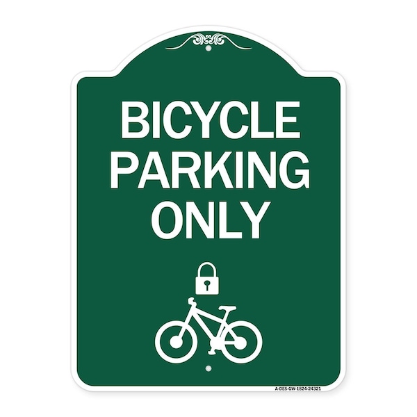 Bicycle Parking W/ Cycle and Lock, Green & White Aluminum Sign, 18" x 24", GW-1824-24321
